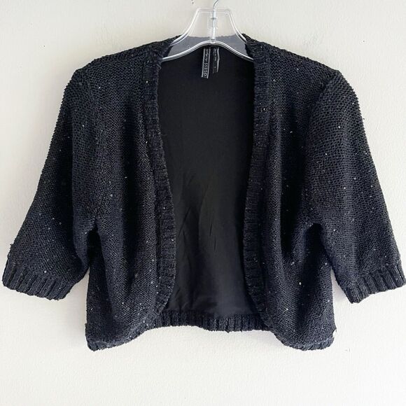 Guess Sweater Shrug Size S Knit Sequined Half Sleeves Black Open Front - Picture 1 of 11